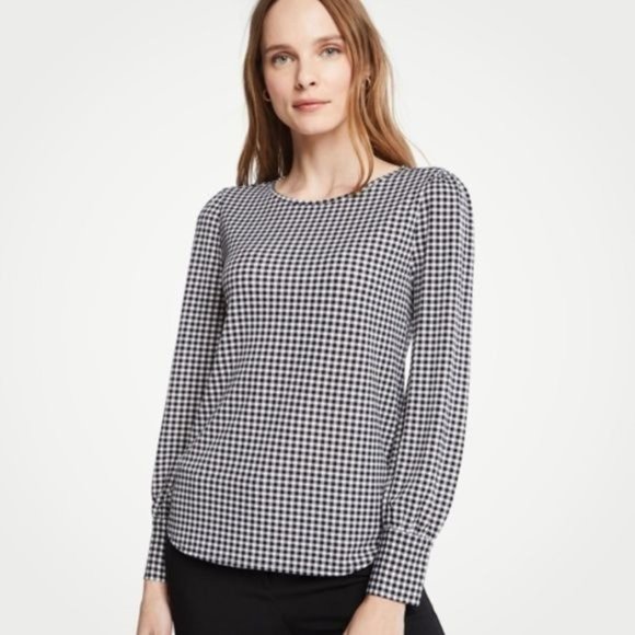 Ann Taylor Tops - Ann Taylor Top M Gingham Plaid Blouse Black White Long Sleeve